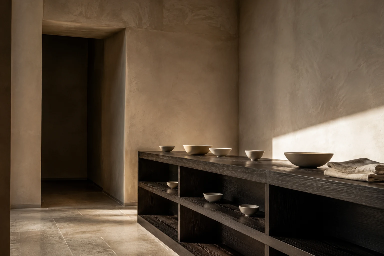 An imagined material gallery with lime-plaster walls, dark timber and ceramic bowls