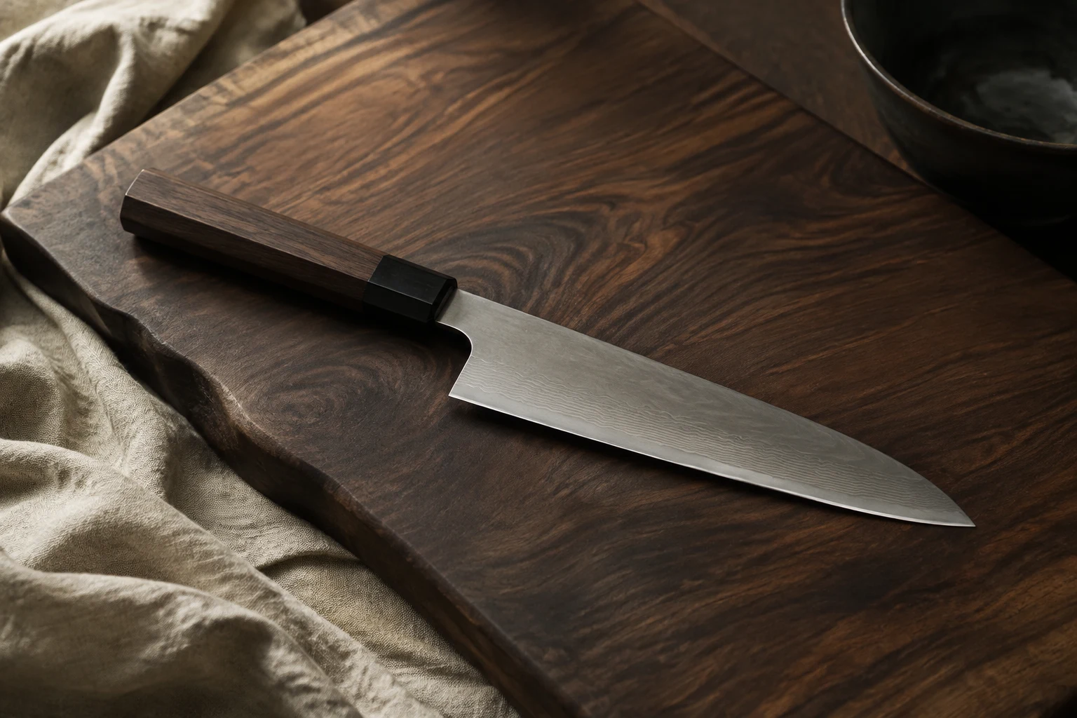 Japanese-style kitchen knife on a walnut board — an editorial study