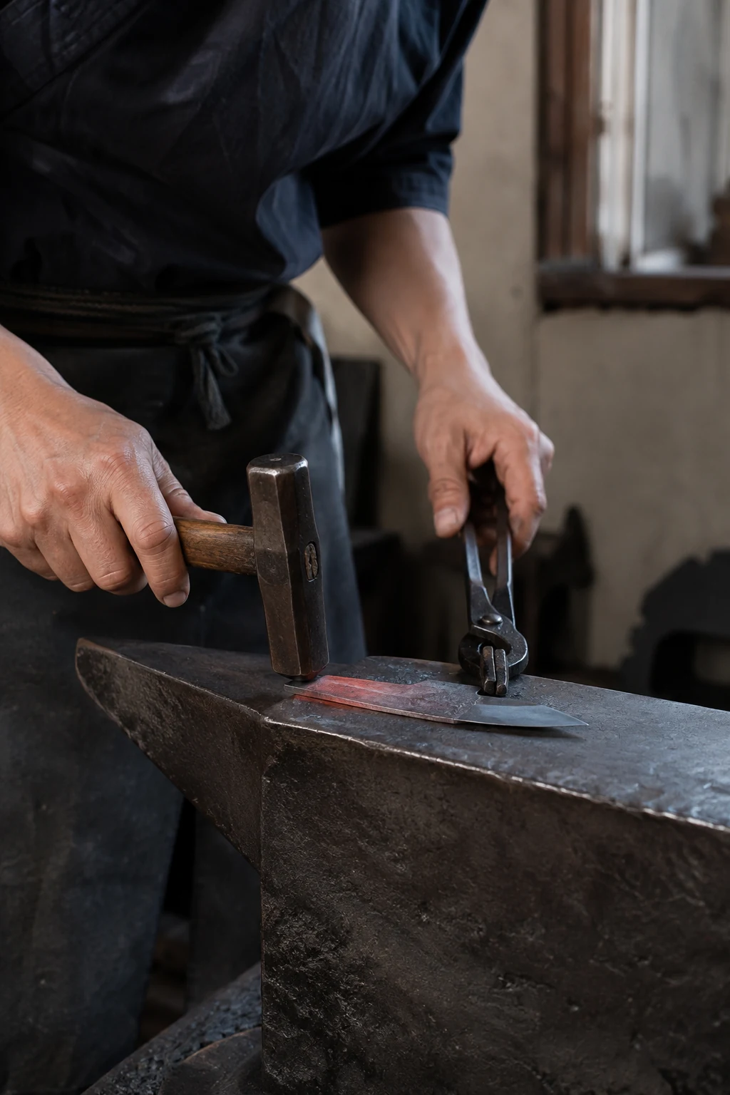 A bladesmith working a kitchen-knife blank with a hammer and tongs on an anvil in natural workshop light