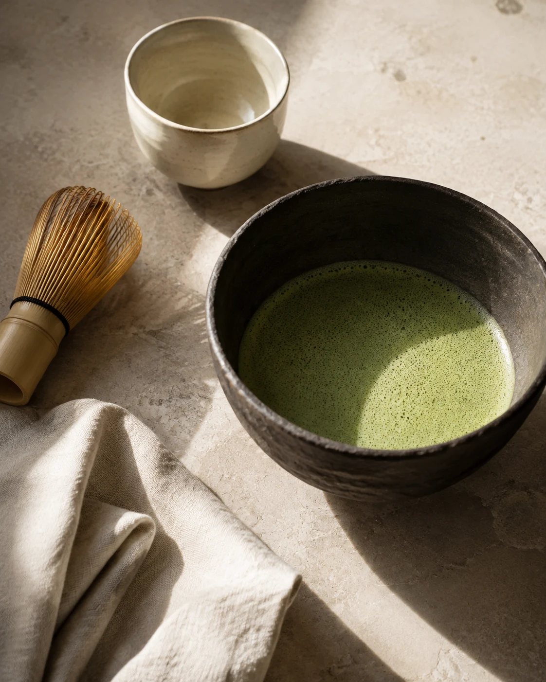 Matcha, a bamboo whisk and ceramic cups on pale limestone
